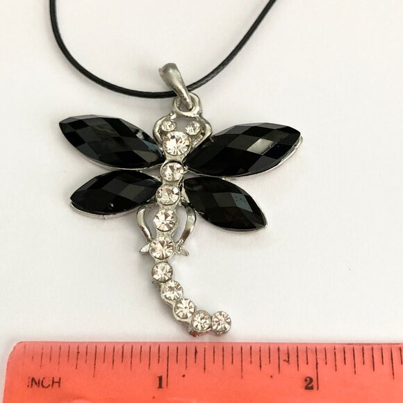 Vtg Dragonfly Necklace Pendant Insect Black Crystal Silver Plated Black Cord 18" - Picture 9 of 10